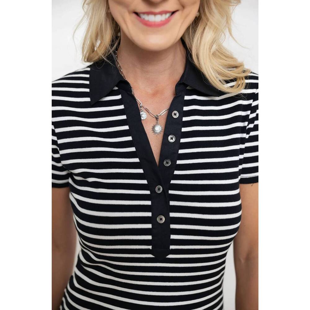 NEW MAC & ME short sleeve collared top in black stripe